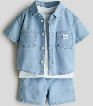 Boys light blue denim shirt and shorts set