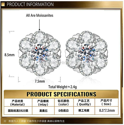 Floral Moissanite Pave Stud Earrings Sterling Silver Hip Hop Style