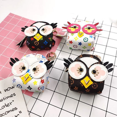 Custom PU Owl Zip Coin Purse with Vintage Print and Bluetooth Earphone Pocket