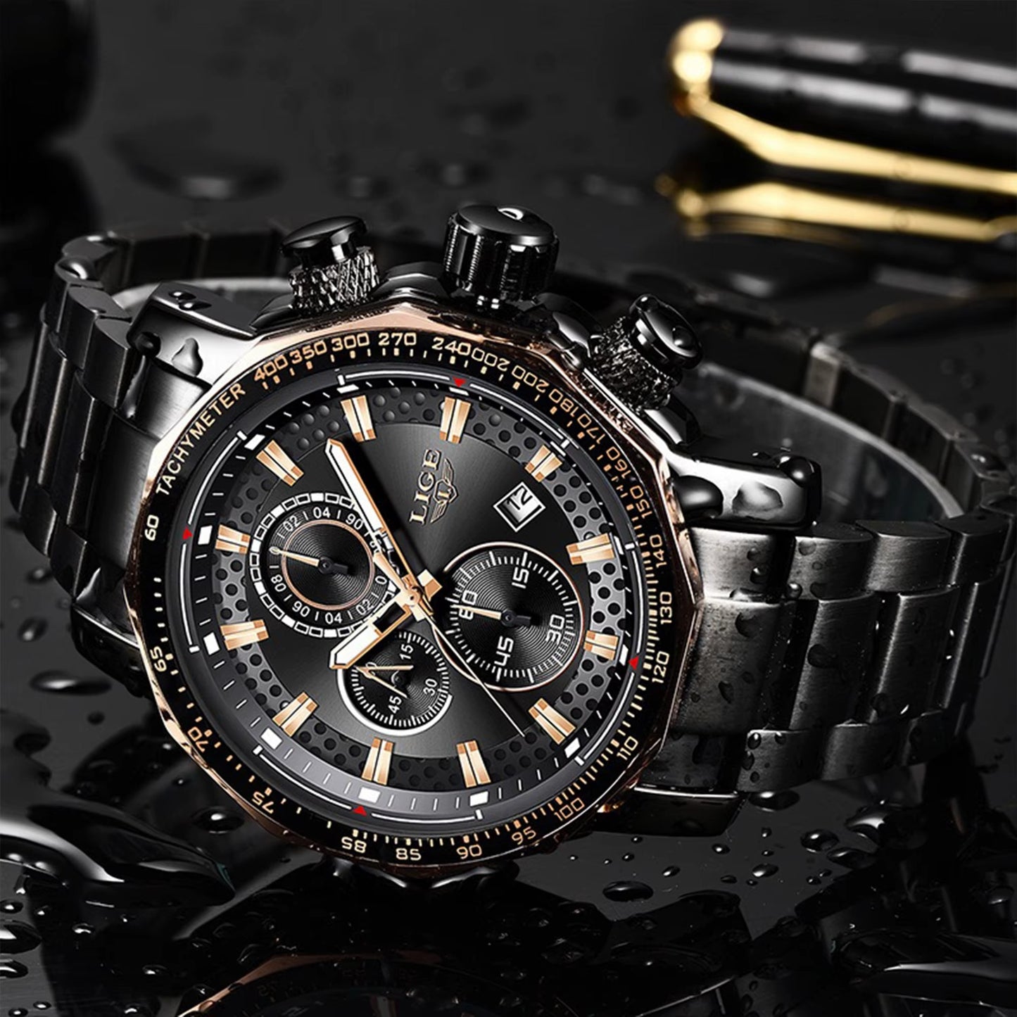 Men's Chronograph Black Watch with Silicone Strap