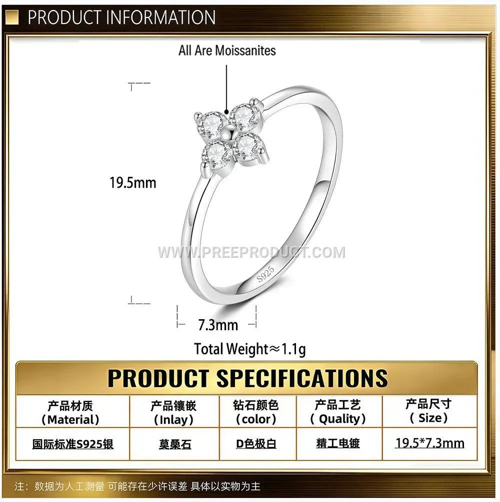Four Leaf Clover Moissanite Sterling Silver Ring