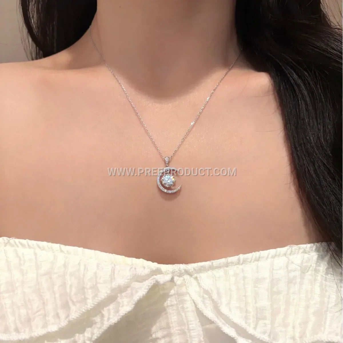Sterling Silver Crescent Moon Moissanite Pendant Necklace