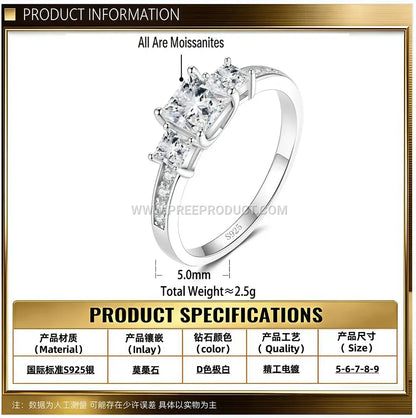 Square Moissanite Solitaire Sterling Silver Ring Platinum Plated