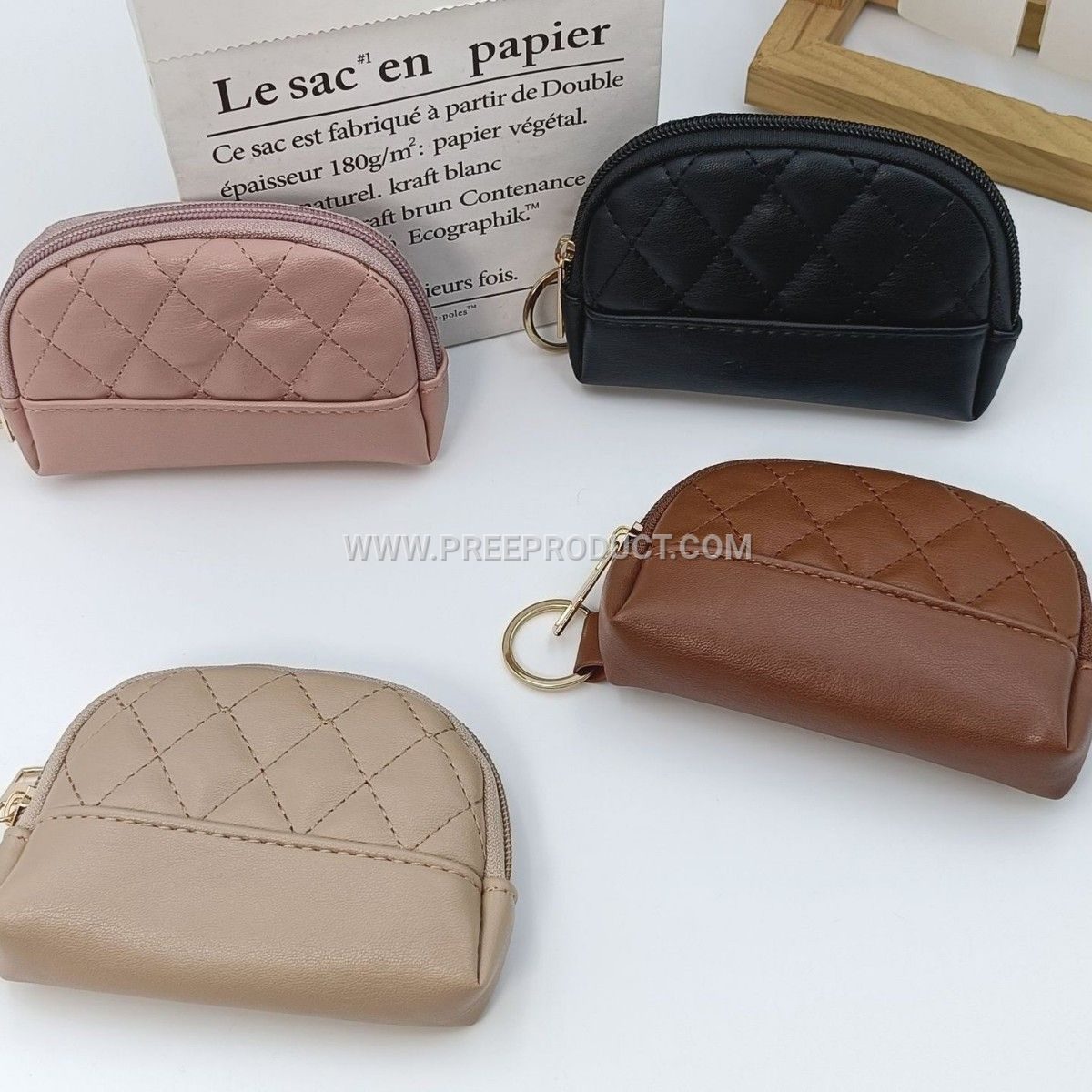 Shell-Shaped PU Diamond-Grid Zip Coin Purse