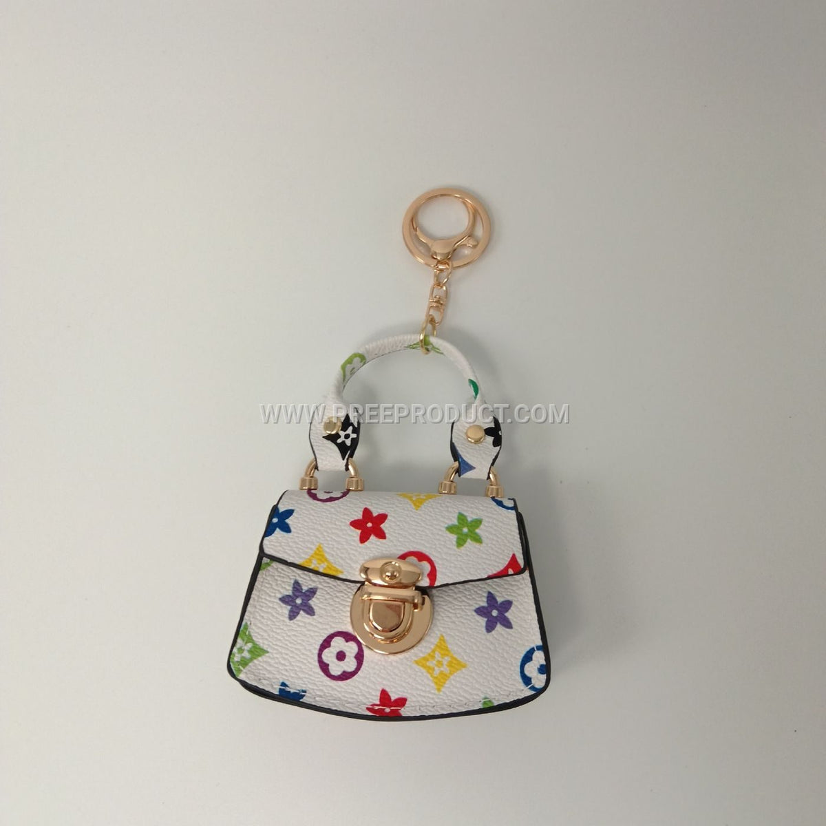 Mini PU Wallet with Fan‑Print and Metal Clasp Keychain