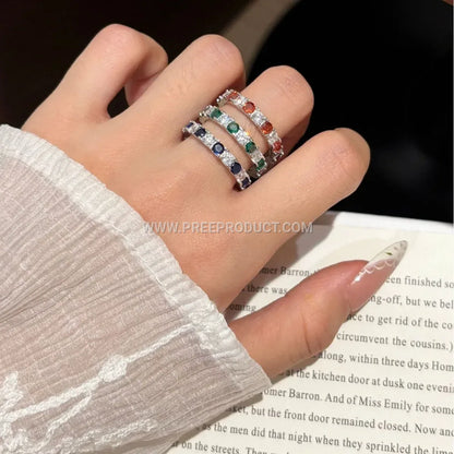Sterling Silver Geometric Band Ring with Pavé Lab Gemstones