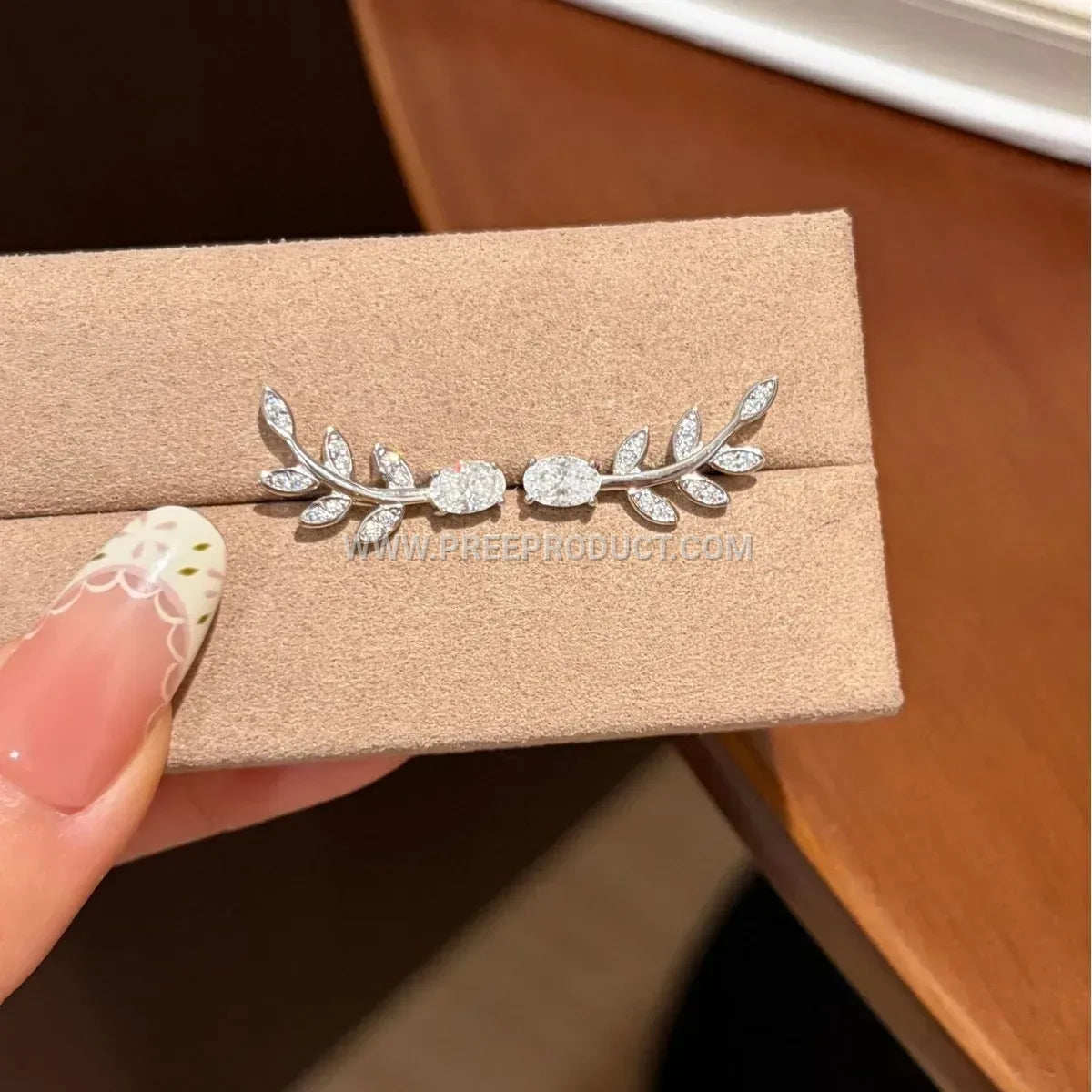 Sterling Silver Olive Leaf Stud Earrings Set with Sparkling Stones