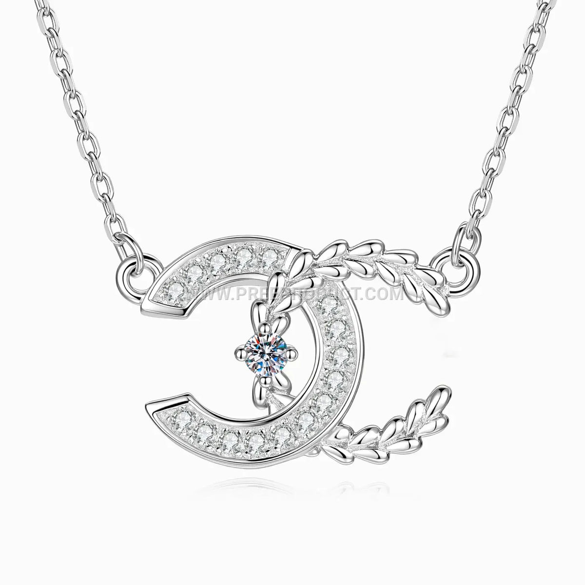 Sterling Silver Double C Initial Pendant Moissanite Necklace