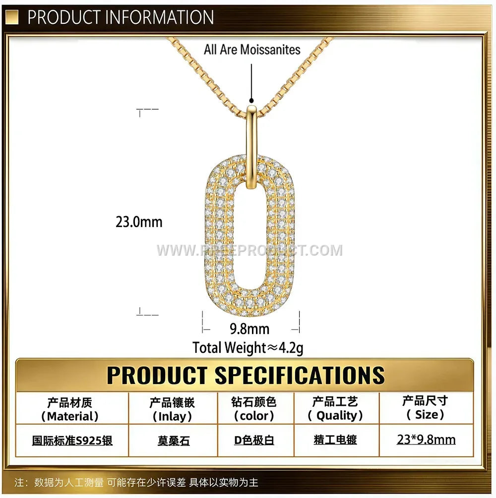 Sterling Silver Double Ring Paperclip Pendant Necklace with Moissanite