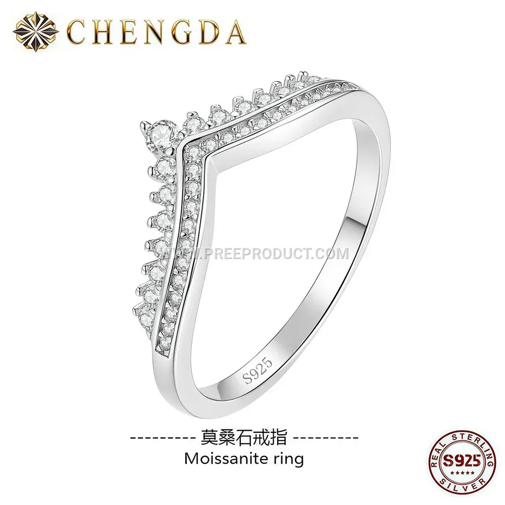 Regal Crown Moissanite Band Ring in Solid Sterling Silver