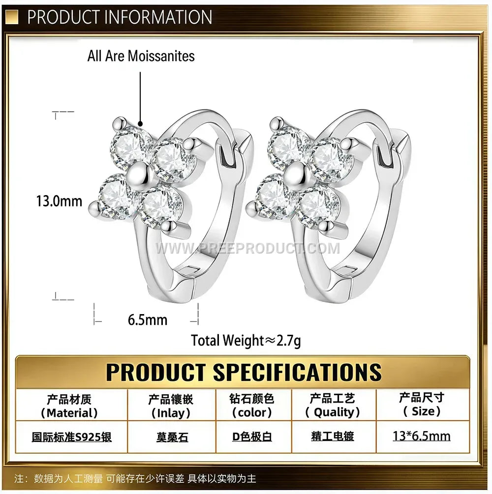 Sterling Silver Four Leaf Clover Moissanite Hoop Earrings
