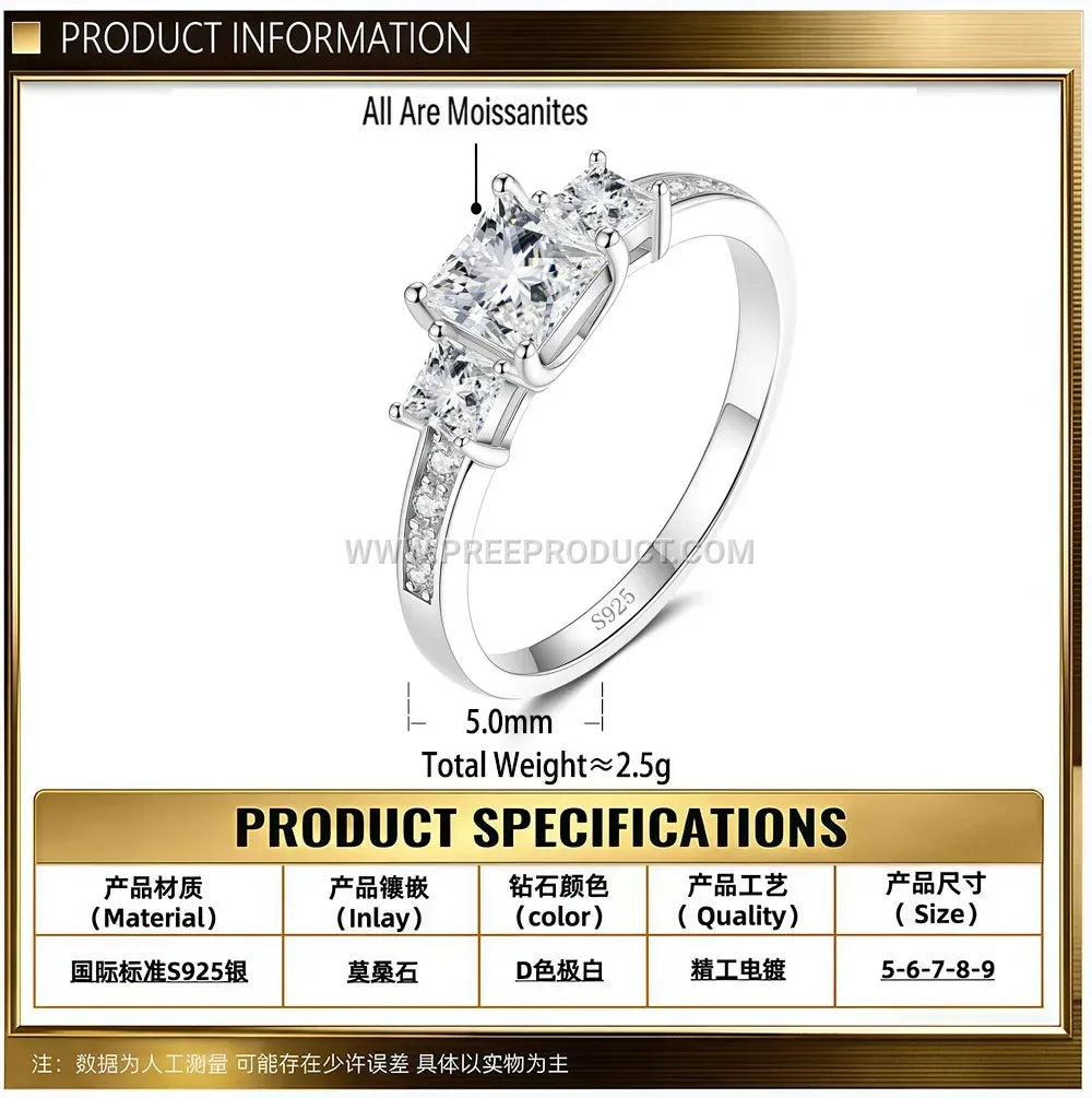 Square Moissanite Solitaire Sterling Silver Ring Platinum Plated