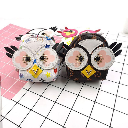 Custom PU Owl Zip Coin Purse with Vintage Print and Bluetooth Earphone Pocket