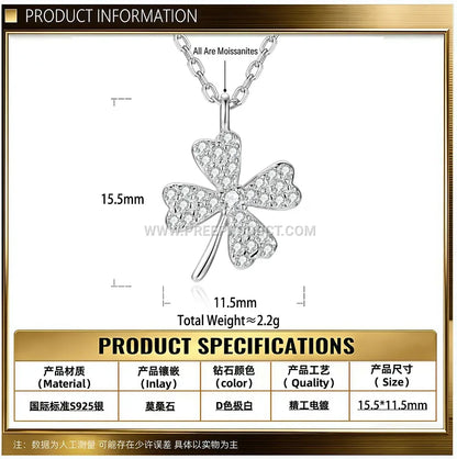 Sterling Silver Four Leaf Clover Moissanite Pendant Necklace