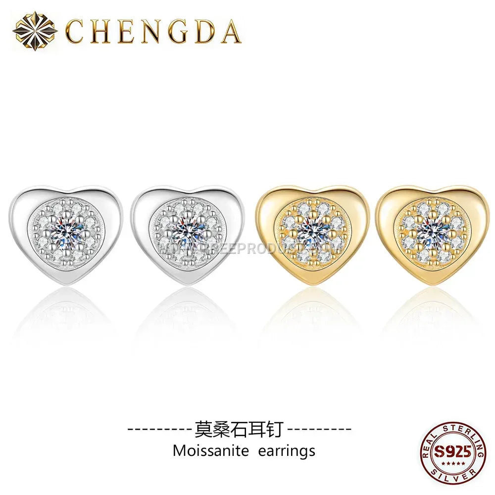 Minimalist Heart Moissanite Silver Stud Earrings