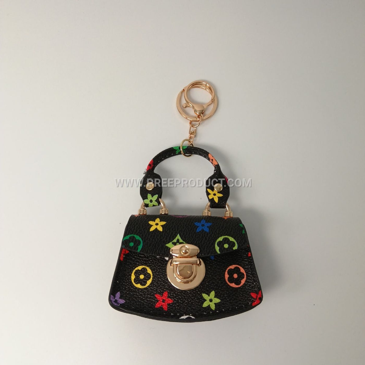 Mini PU Wallet with Fan‑Print and Metal Clasp Keychain