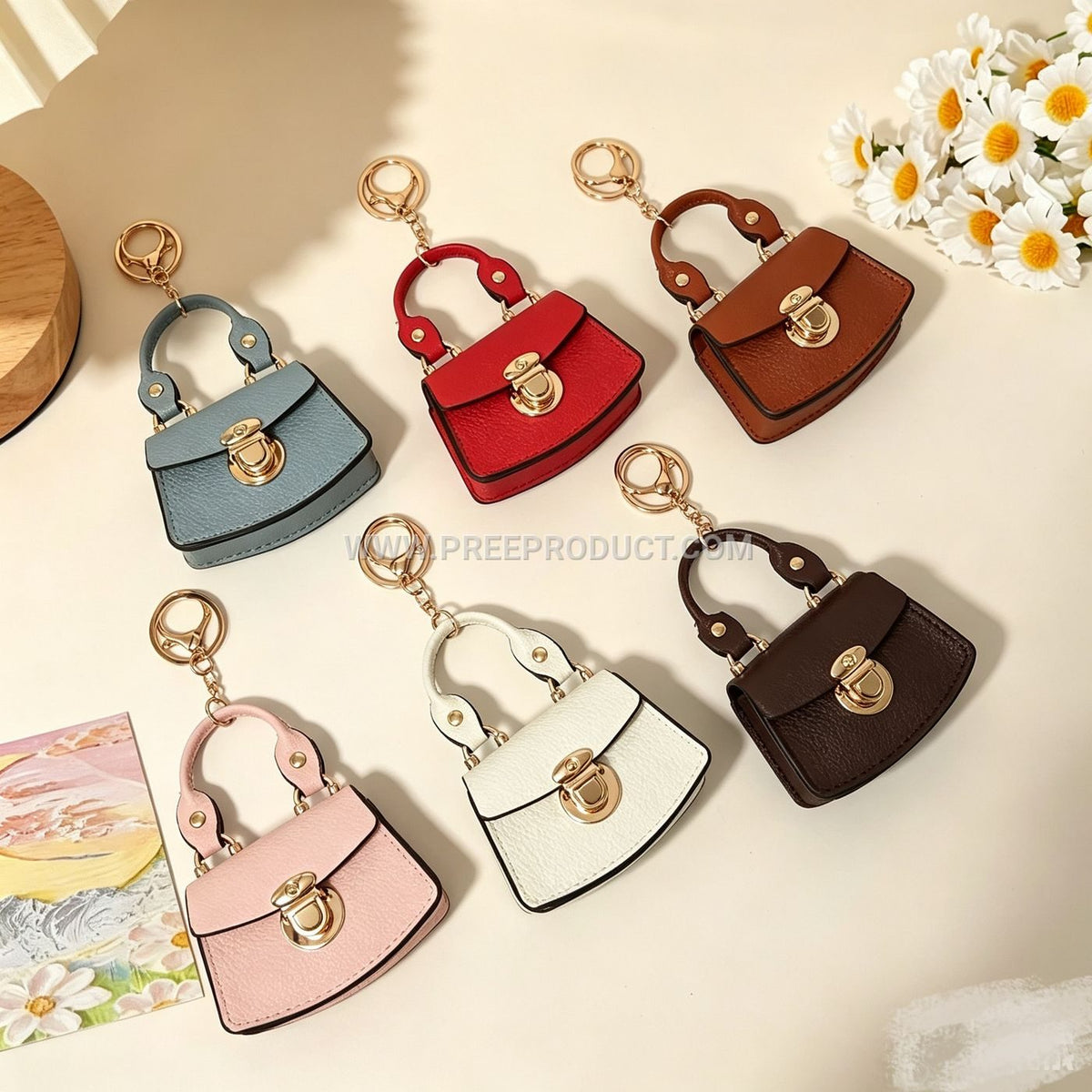Mini PU Keychain Purse with Fresh-Style Decorative Charm