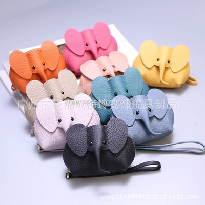 Mini Elephant‑Print PU Zipper Lipstick Pouch with Keychain