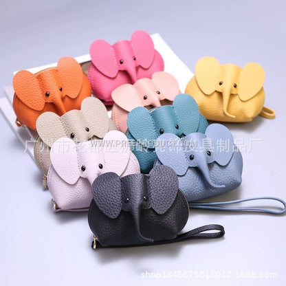 Mini Elephant‑Print PU Zipper Lipstick Pouch with Keychain