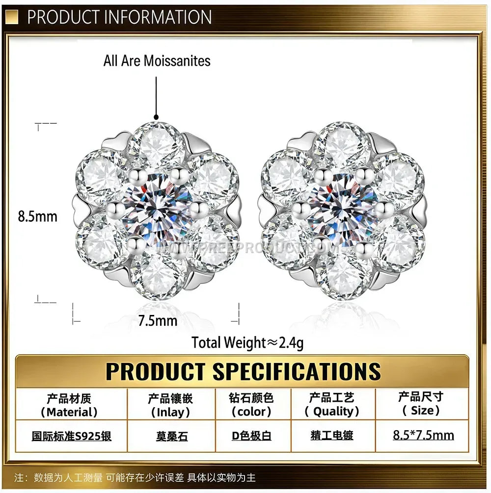 Floral Moissanite Pave Stud Earrings Sterling Silver Hip Hop Style