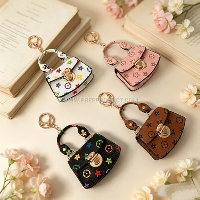Mini PU Wallet with Fan‑Print and Metal Clasp Keychain