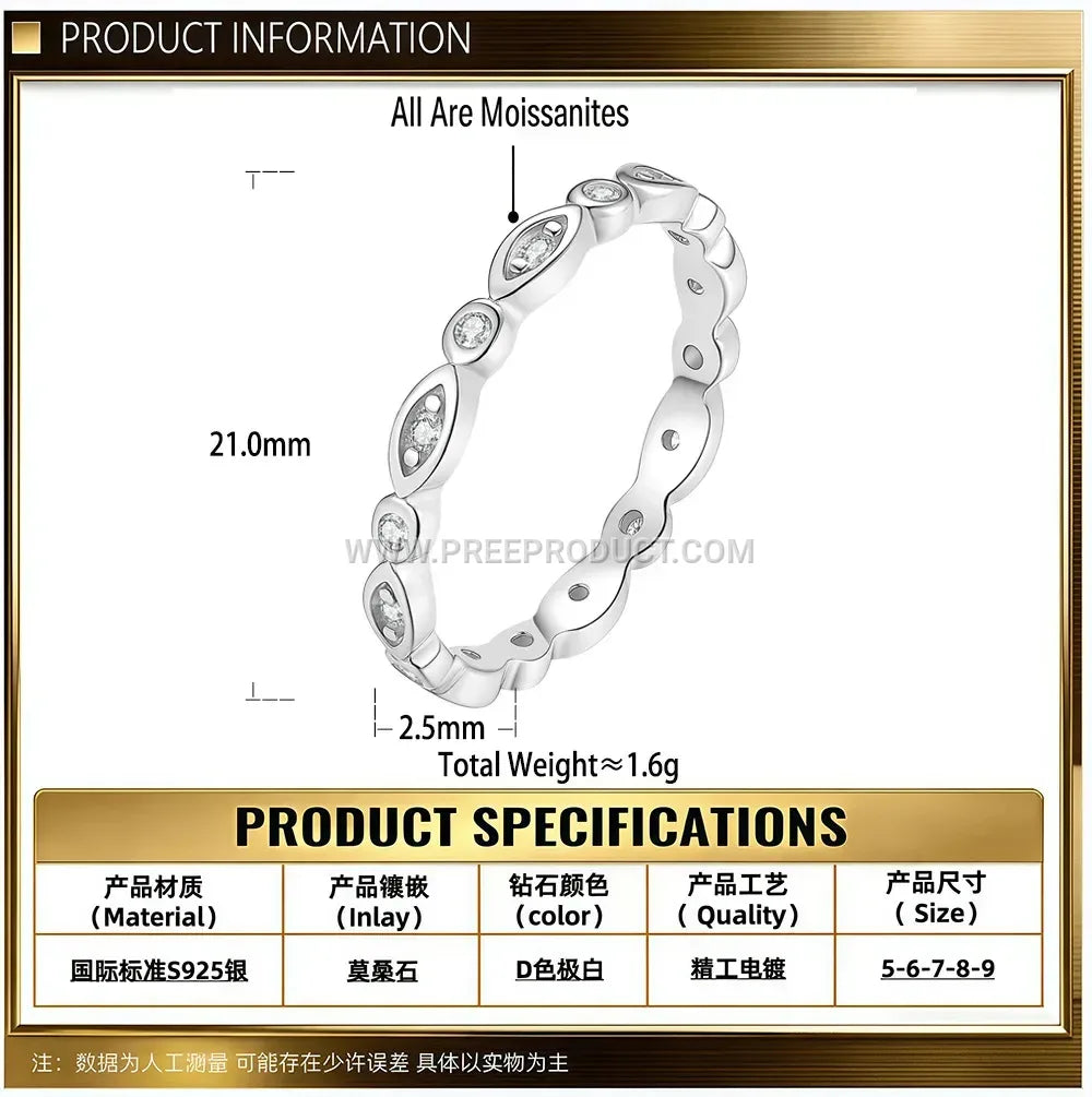 Eye Motif Moissanite Eternity Band Ring in Sterling Silver