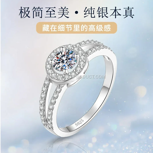 Circular Halo Sterling Silver Ring Accentuated with Moissanite