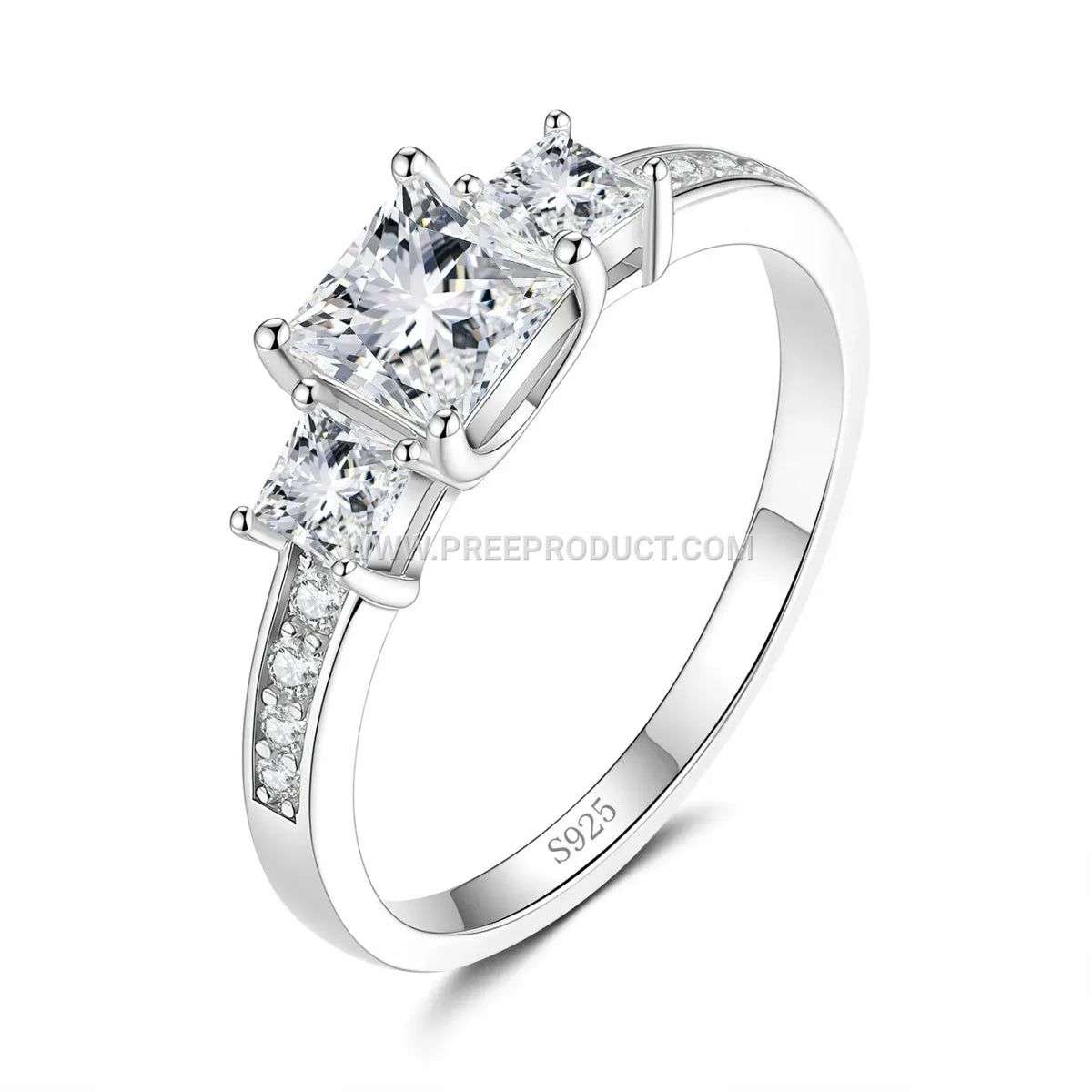 Square Moissanite Solitaire Sterling Silver Ring Platinum Plated