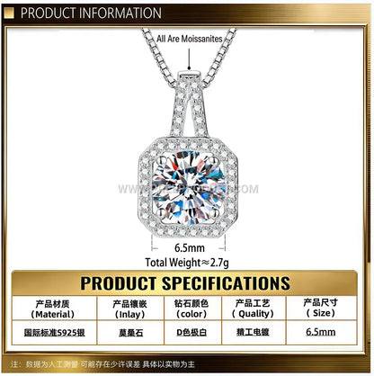 Geometric Square Cut Moissanite Solitaire Pendant in Sterling Silver