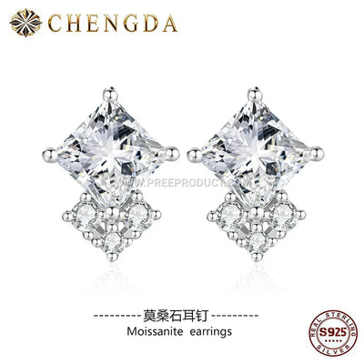 Square Cut Moissanite Solitaire Sterling Silver Earrings