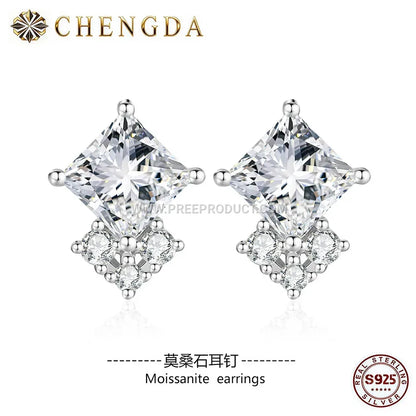 Square Cut Moissanite Solitaire Sterling Silver Earrings