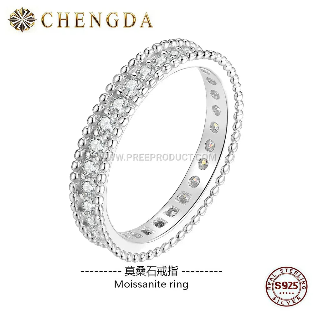 Beaded Edge Moissanite Eternity Band in Sterling Silver