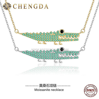 Sparkling Crocodile Pendant Sterling Silver Zircon Charm Necklace