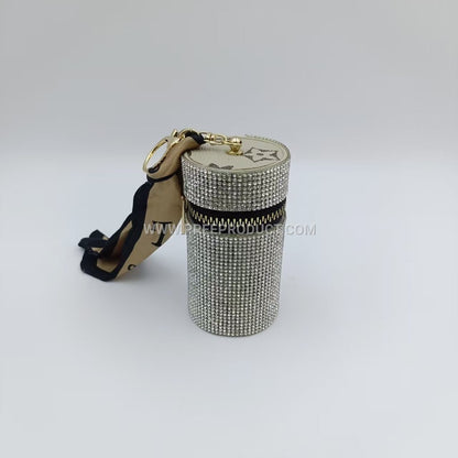 Diamond‑Embellished PU Lipstick Pouch with Keychain
