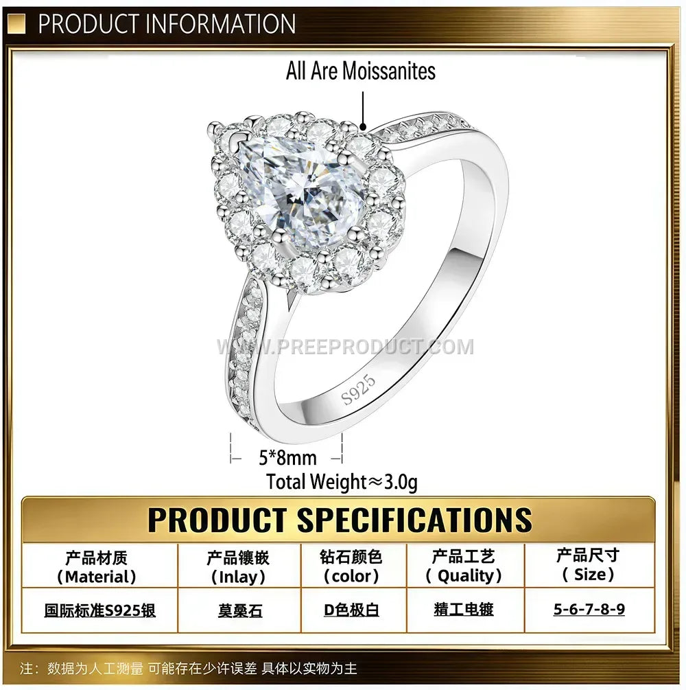 Teardrop Cut Moissanite Sterling Silver Ring