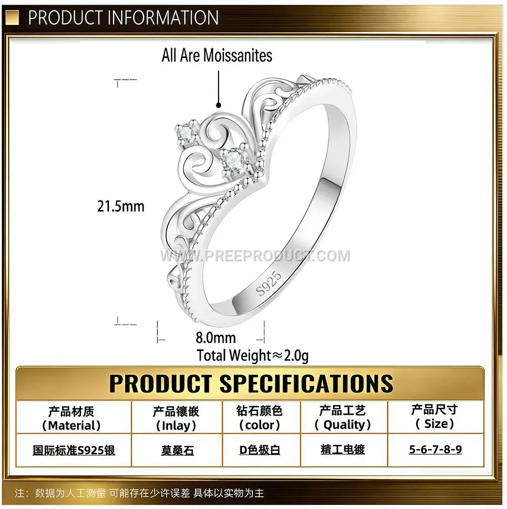 Princess Crown Sterling Silver Band Ring set with Moissanite