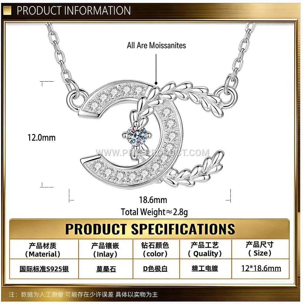 Sterling Silver Double C Initial Pendant Moissanite Necklace