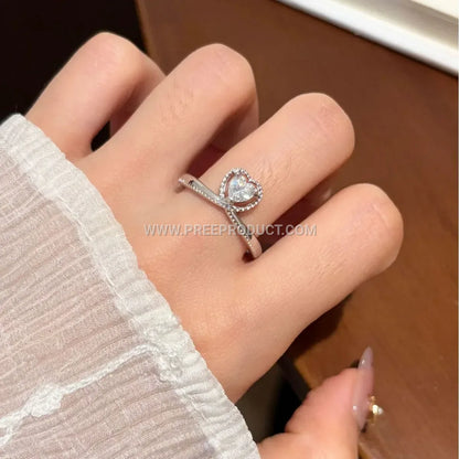 Crown Heart Moissanite Sterling Silver Solitaire Ring