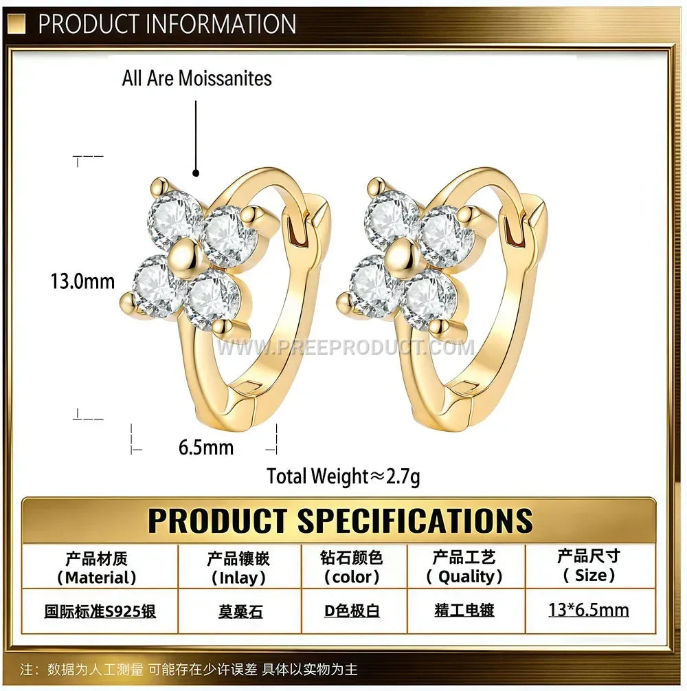 Sterling Silver Four Leaf Clover Moissanite Hoop Earrings
