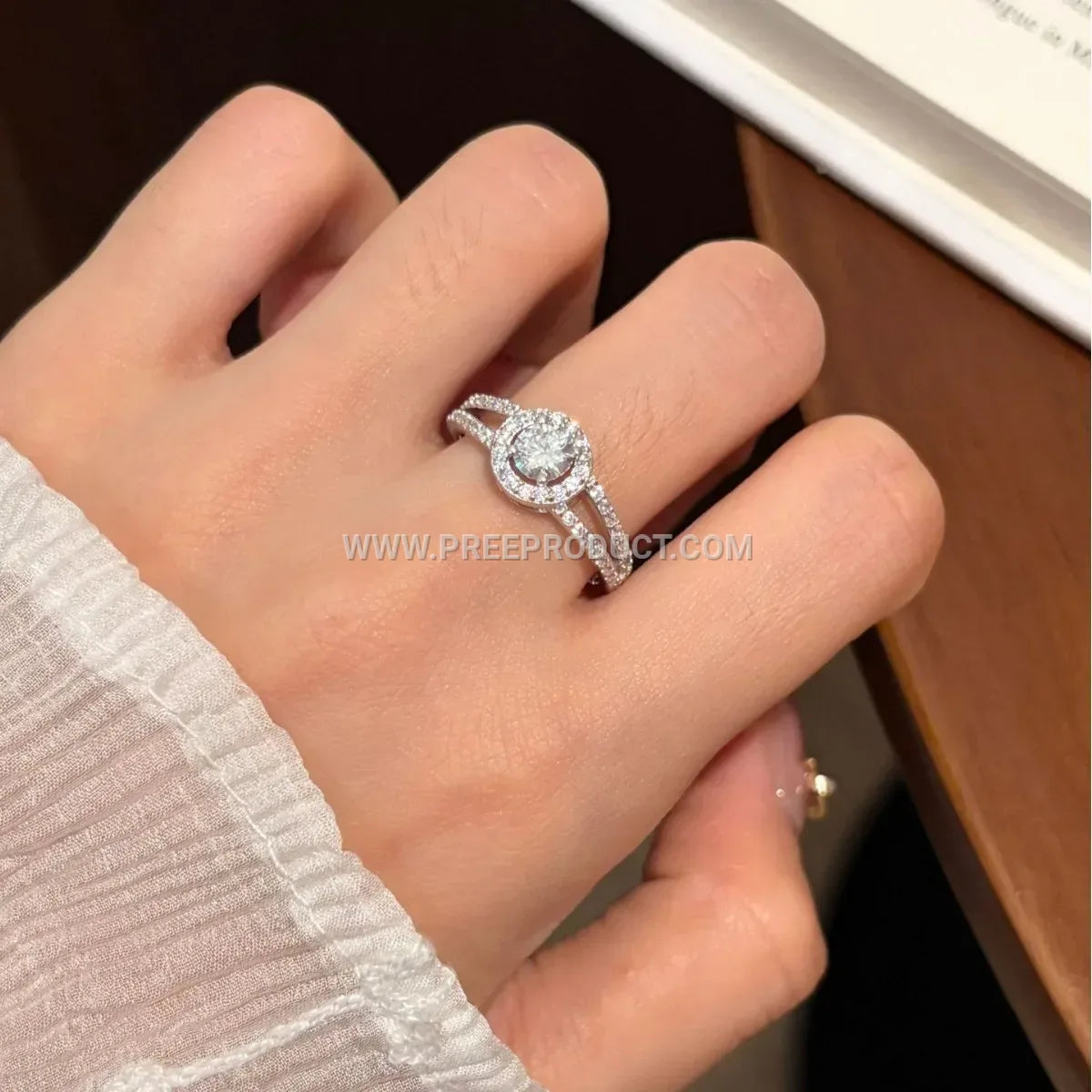 Circular Halo Sterling Silver Ring Accentuated with Moissanite