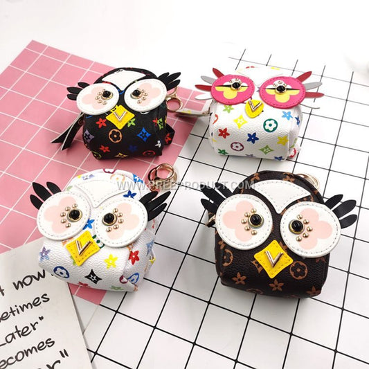 Custom PU Owl Zip Coin Purse with Vintage Print and Bluetooth Earphone Pocket