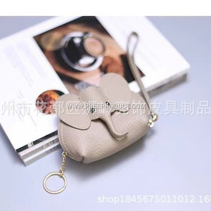 Mini Elephant‑Print PU Zipper Lipstick Pouch with Keychain