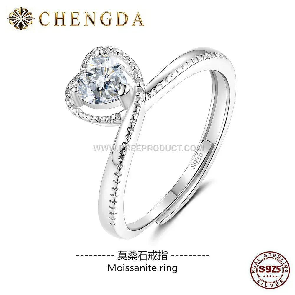 Crown Heart Moissanite Sterling Silver Solitaire Ring