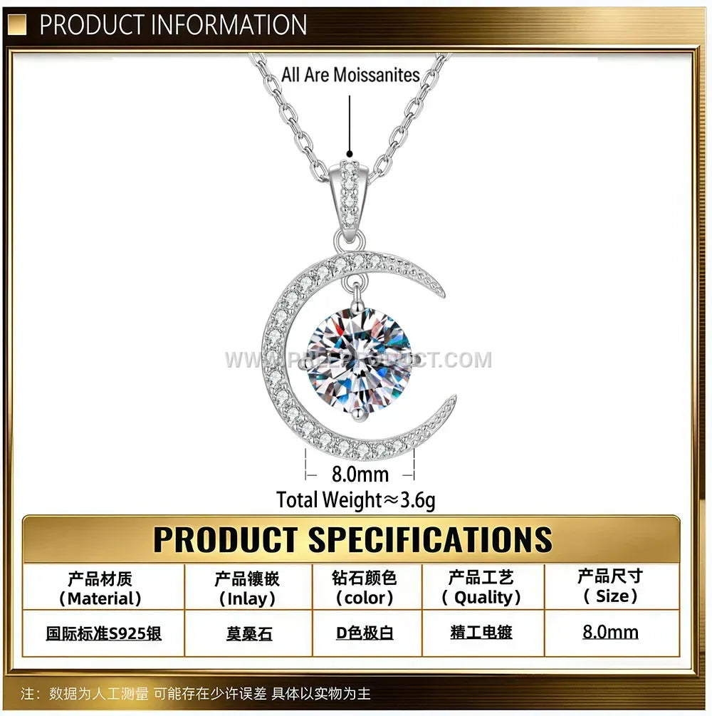 Sterling Silver Crescent Moon Moissanite Pendant Necklace