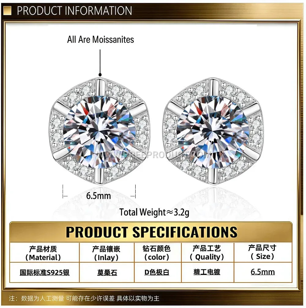 Geometric Moissanite Solitaire Stud Earrings 925 Silver