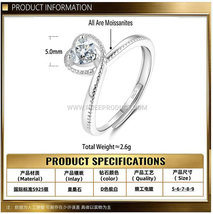 Crown Heart Moissanite Sterling Silver Solitaire Ring