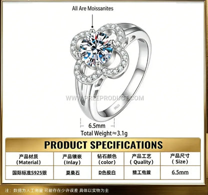 Sterling Silver Four Leaf Clover Moissanite Ring