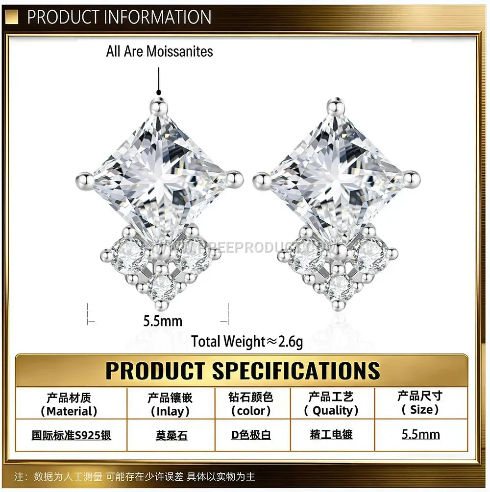 Square Cut Moissanite Solitaire Sterling Silver Earrings