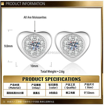 Minimalist Heart Moissanite Silver Stud Earrings