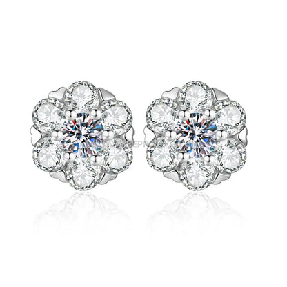 Floral Moissanite Pave Stud Earrings Sterling Silver Hip Hop Style